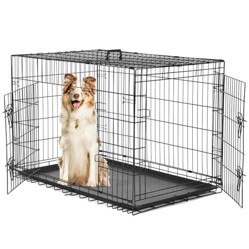 Sweetcrispy 42 Inch Dog Crate, Medium Large Crates Double Door Folding Metal Wire Dog Cage with Plastic Leak-Proof Pan Tray, Pet Kennel for Indoor, Outdoor, Travel - size: 42.5"L x 26.8"W x 29.1"H, style: Double Door