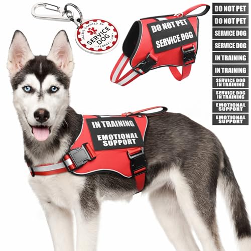 Service Dog Vest Harness+ID Tag+10 Patches,Metal Serivce Dog Tag&Reflective Emotional Support Dog Vest with Handle for Medium Dogs,Easy Put On/Off for Training/Walking/Everyday Red M - color: Red, size: M