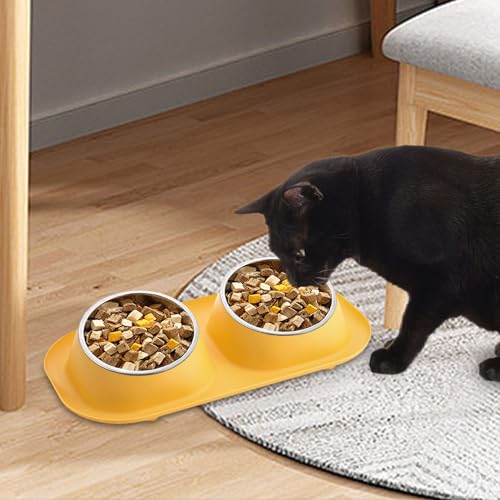 awakentti Double Dog Bowl, Stainless Steel Dog Bowl with No Spill No Skid Silicone Mat,Not Easy to Break, Pet Bowls & Dog Water Bowls for Small Puppies, Cats, Dogs and Medium Pets (Yellow) - color: Yellow