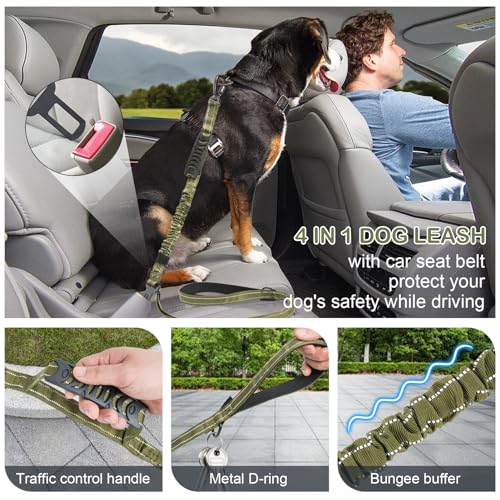 Tactical Dog Leash Heavy Duty, 4-6FT Shock Absorbing Bungee Dog Leash, Reflective Military Strong No Pull Dog Leash with 2 Padded Handle and Car Seatbelt for Medium Large Dogs, Army Green - color: Army Green