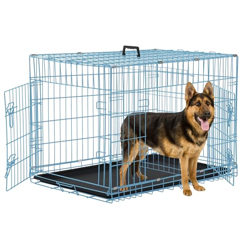 42 Inch Dog Crates for Medium Dogs, Large Dog Cages for Travel/Indoor/Outdoor, Foldable Metal Kennel with Divider Panel, Portable Dog Crate for Large Breeds with Plastic Tray and Handle(Blue) - color: Blue, size: 42.0"L x 27.0"W x 30.0"H
