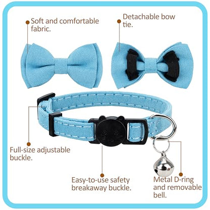 Cat Collar with Bow Tie 2pcs Set Bell Boy Girl Kitten Safety Plaid Grid Checkered Solid Color Suede Velvet Cute Soft Gift [2pcs] Blue - color: Style A-[2pcs] Blue