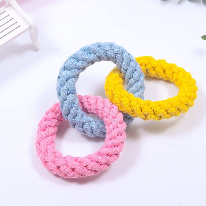 Tri-Color Cotton Rope Dog Toy, Hand-Woven Triple Ring Chew Toy, Durable Knotted Rope for Teething, Training & Interactive Play for Small and Medium Dogs (Pink-Yellow-Light Blue)