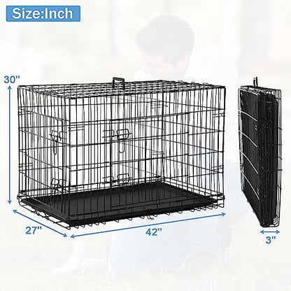 Dog Crates for Large Dogs Outdoor Indoor, Dog Cage Kennel Foldable Metal Wire Dog Crate with Leak-Proof Tray and Handle Double Door, Animal Pet Cage, 42 Inch - size: 42 INCH