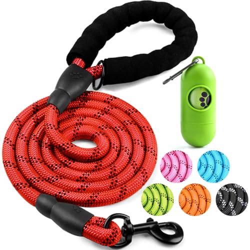 Dog Leash 6 FT Heavy Duty - Comfortable Padded Handle - 1/2 inch Reflective Dog Leash for Medium Large Dogs with Poo Bag Dispenser - color: 1 Pack A-Red, size: 1/2"x 6 FT (18~120 lbs.)