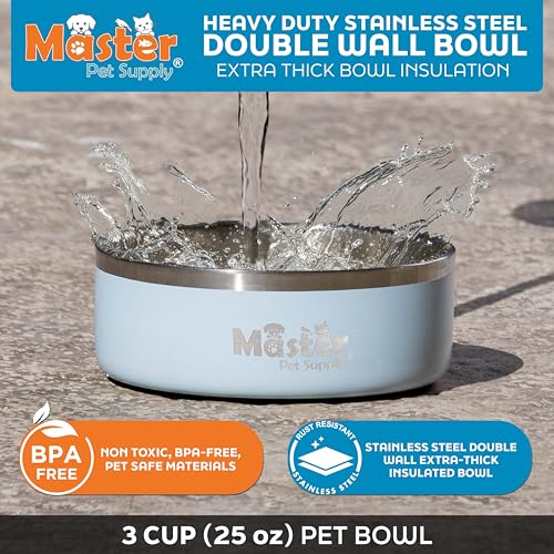 Master Pet Supply Stainless Steel Dog Bowls - 25 oz, Heavy Duty - Glacier Blue, Double Wall Extra-Thick Insulated, Non-Slip Pet Water Bowl for Dogs, Cats & Pets, Anti Rust Metal, Dish Washer Safe - color: Glacier Blue, size: 3 Cups (25 oz)