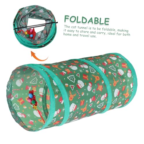 Christmas Theme Collapsible Cat Tunnel Cube with Bell Ball Foldable Breathable Cat Playhouse Hideaway for Interactive Exploration and Active Indoor Pets