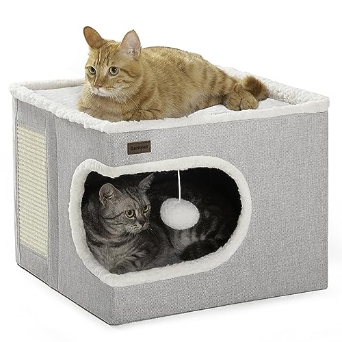 Garnpet Cat Bed for Indoor Cats Cube House, Covered Cat Cave Beds & Furniture with Scratch Pad and Hideaway Tent, Cute Modern Cat Condo for Multi Small Pet Large Kitten Kitty, Grey - color: Grey, size: 16.5"D x 16.5"W x 13"H