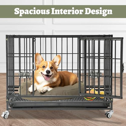 Heavy Duty Dog Crate 36 Inch, Stackable Dog Crate Cage Kennel for Breeders & Groomers, Drop Cages for Medium Dogs with 4 Wheels, 2 Bowls, Easy to Clean Grids & Tray - size: 36"L x 22.5"W x 29"H