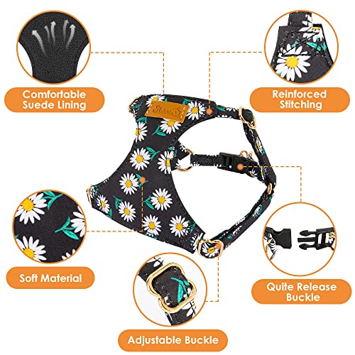 Lukovee Puppy Harness and Leash Set, No Pull Lightweight Soft Suede Adjustable Pet Harness Vest with Snap Buckle for Puppy Small and Medium Size Dog (Black-XS) - color: ·Black Daisy, size: X-Small ( 5.5-11lb )
