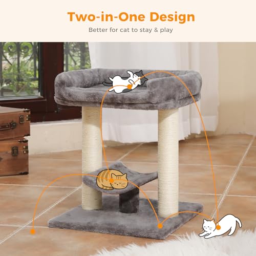 PETEPELA 19" Scratching Post, Cat Tree Tower, 100% Natural Sisal Scratcher With Large Plush Top Perch Bed, Cozy Platform for Kittens and Cats - color: Classic Grey