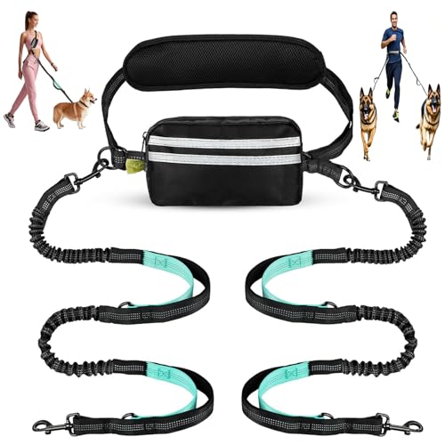 Hands Free Dog Leash Waist & Crossbody for Walking, No Pull Heavy Duty Bungee Double Dog Leash for Two Dogs with Pouch, Padded Handles & Reflective for Large Medium Dogs, Black - size: 2 Leashes