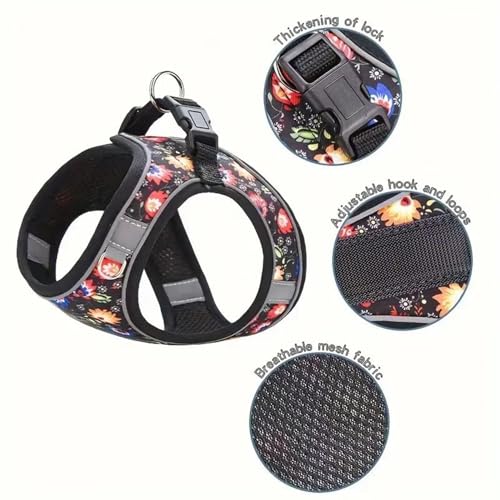 Step in Dog Harness No Pull Flower Adjustable Soft Mesh Padded Reflective Pet Vest Harness and Leash Set for Small Medium Dogs - color: Black, size: S(neck:10.5"-12",chest:13.5"-16")