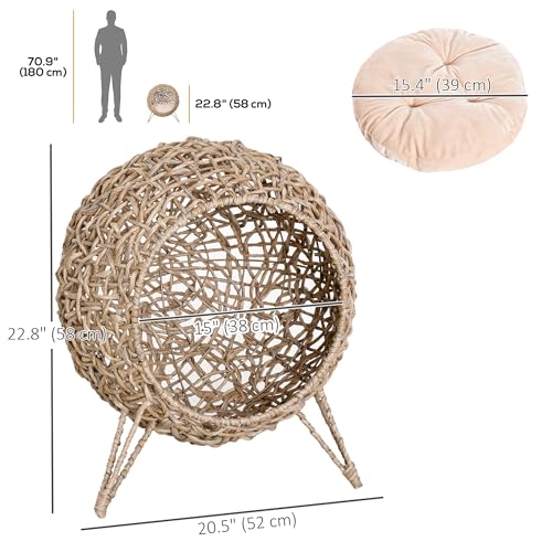 PawHut 20.5" Weaved Cat Bed, Elevated Hand-Woven Braided Banana Leaf Kitten House Condo with Cushion, Beige - color: Beige