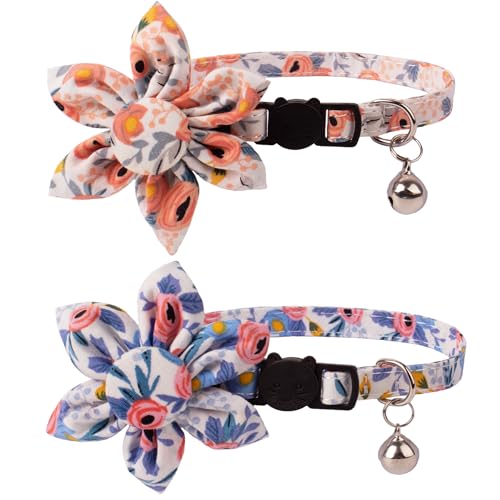 ADOGGYGO Floral Cat Collar with Bells, 2 Pack Girl Kitten Collar with Removable Floral, Adjustable Flower Collars for Cats (Orange & Blue) - color: Orange & Blue