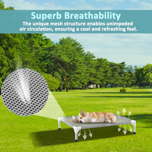 Elevated Dog Bed with Teslin Cooling Fabric - Lightweight Dog Cot for Medium Dogs, Waterproof & Washable Breathable Mesh, Raised Pet Bed for Indoor Outdoor Use, Anti-Slip, Easy Clean - size: M-Gray