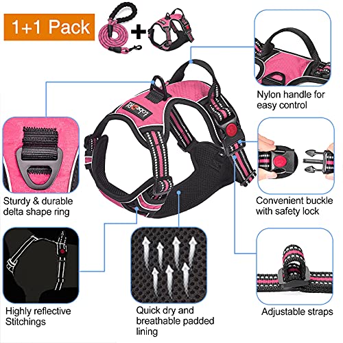 tobeDRI No Pull Dog Harness Adjustable Reflective Oxford Easy Control Medium Large Dog Harness with A Free Heavy Duty 5ft Dog Leash - color: Pink Harness+Leash, size: Large