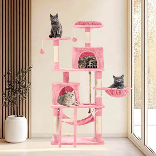 Cat Tree 60.63 inches Cat Tower for Indoor Cats, Multi-Level Cat Condo Furniture with Scratching Posts, Plush Perches, Activity Center with Cozy Basket & Hammock for Cats (Pink) - color: Pink