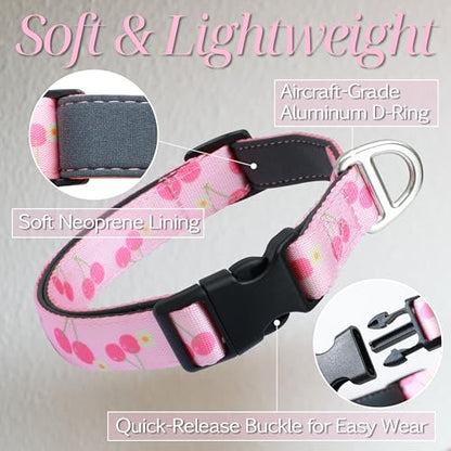 Girl Dog Collar, Pink Cute Cherry Print Reflective Padded Collar with Soft Neoprene, Adjustable Lightweight Pet Collar for Small Dogs, Puppies,Neck Size 9’’-14’’ (Cherry, S) - color: Cherry, size: S (Neck 9''– 14'')