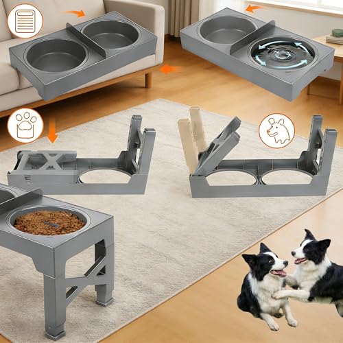 3-in-1 Elevated Slow Feeder and Water Bowls for Dogs, 4 Height Adjustable Raised, Separate Dry and Wet Areas, Prevent Water Overflow, Foldable Pet Bowl