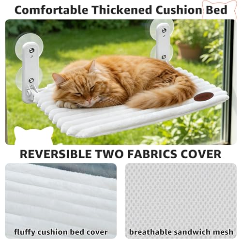 Woochpet Cat Window Perch Bed,Foldable Kitty Windowsill Hammock Shelf Seat,Kitten Window Sill Lounger with Soft Rabbit Fur Cover Cushion Machine Washable,Solid Metal Frame and Strong Suction Cups