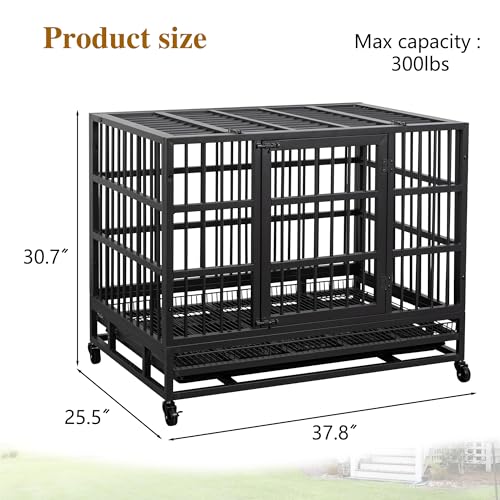 JY QAQA 38 Inch Heavy Duty Indestructible Dog Crate, Escape Proof Dog Cage Kennel with Lockable Wheels,High Anxiety Double Door Dog Crate, Xl Extra Large Crate Indoor for Large Dog with Removable Tray - size: 37.8"x 25.5"x 30.7"(L)