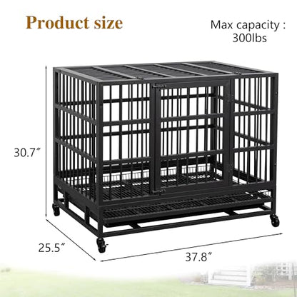 JY QAQA 38 Inch Heavy Duty Indestructible Dog Crate, Escape Proof Dog Cage Kennel with Lockable Wheels,High Anxiety Double Door Dog Crate, Xl Extra Large Crate Indoor for Large Dog with Removable Tray - size: 37.8"x 25.5"x 30.7"(L)