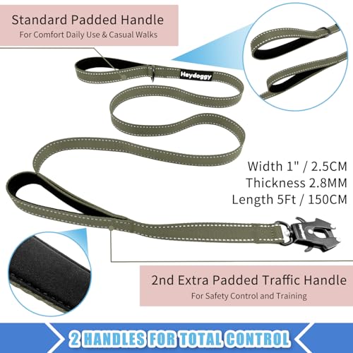 Strong Heavy Duty Dog Leash - 5ft Reflective Nylon Training Leash with Soft Padded Double Handle & Auto Lock Frog Clip - Safety Traffic Control for Large Medium Small Dogs No Pull Walk Army Green,5ft - color: Army Green, size: 5FT x 1" x 2.8MM