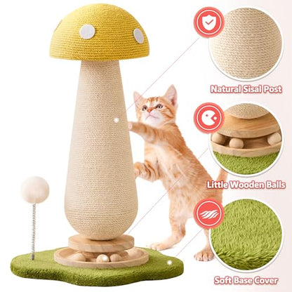 Mushroom Cat Scratching Post Cat Tree, 21.5‘’ H Cute Cat Scratcher Tower with Durable Solid Wood Turntable Toy, Lemon Yellow Mushroom Scratch Post Cat Sisal Scratcher with Catnip for Indoor Cats - color: Yellow Mushroom