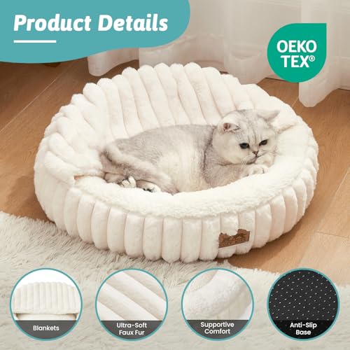 Cat Bed with Hooded Blanket, Round Fluffy Anti-Anxiety Pet Bed for Cats/Small Dogs, Cozy Donut Cuddler with Machine Washable Faux Fur & Anti-Slip Bottom(23"×23"×6",Cream) - color: Cream, size: 23"×23"×6"