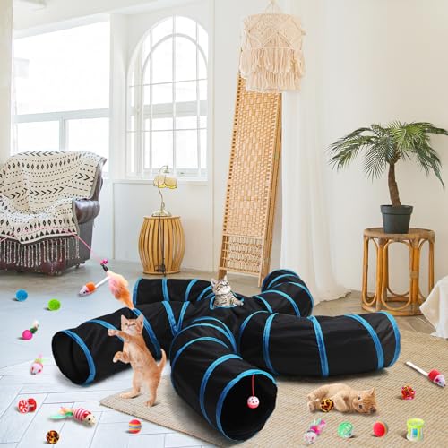 Poen 21 Pcs Cat Tunnel for Indoor Set Collapsible 5 Way Tubes with 20 Pcs Cat Kitten Toys Interactive Feather Toy Mouse Crinkle Balls Tube for Puppy Kitten Rabbit(Blue Black) - color: Blue Black