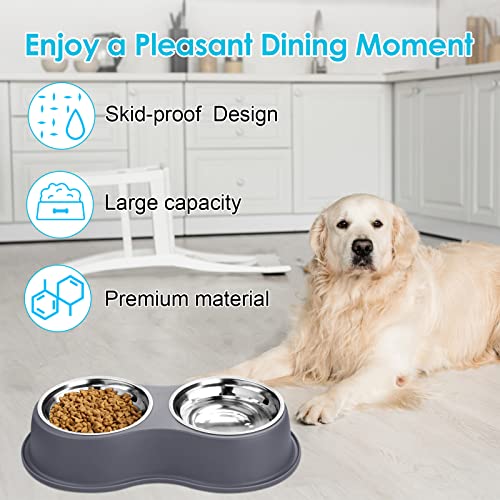 Epetslove Dog Bowls Large Double Dog Water and Food Bowls Stainless Steel Bowls with Non-Slip Resin Station, Pet Feeder Bowls Food Dish for Small Medium Large Dogs Cats - color: 4.Grey, size: Large-34oz