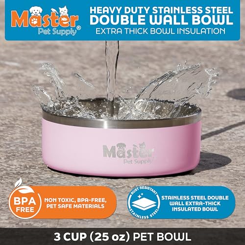 Master Pet Supply Stainless Steel Dog Bowls - 25 oz, Heavy Duty - Rose Quartz, Double Wall Extra-Thick Insulated, Non-Slip Pet Water Bowl for Dogs, Cats & Pets, Anti Rust Metal, Dish Washer Safe - color: Rose Quartz, size: 3 Cups (25 oz)