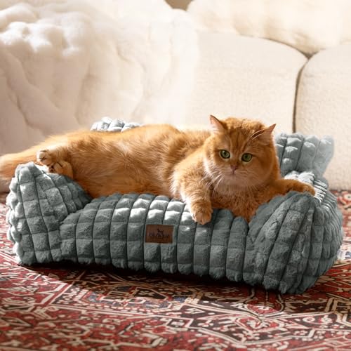 Cute Cat Couch Bed – Supportive & Fluffy Pet Sofa with Faux Rabbit Fur Washable Cover in 3D Diamond Pattern, 24" Grey - color: Grey, size: Small: 24"L x 18"W x 10"Th