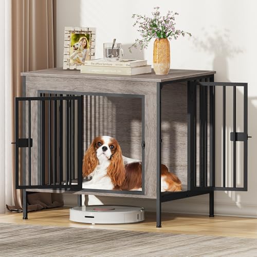 EasyCom Dog Crate Furniture for 1 or 2 Dogs, Heavy Duty Single/Double Dog Crates for Small/Medium/Large Dogs, Dog Kennel Furniture Indoor as TV Stand, Small Size 28.15" L(0-20 Pounds), Oak Grey - color: Oak Grey, size: 28.2"L x 20.5"W x 26.2"H