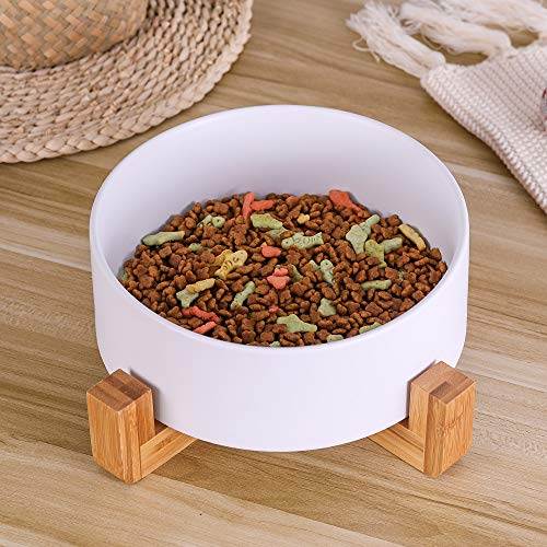 Ceramic Dog Bowl with Bamboo Stand - Large Dog Dish for Food and Water - Heavy Weighted, No Tip Over - 8.4" Diameter - White - color: White
