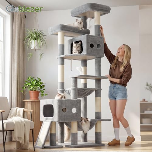 Globlazer Multi-Level Extra Large Tall Cat Tower 83 inch Sturdy Heavy Duty Cat Tree for Indoor Large Adult Cats Kittens with 2 Cat Condo, 8 Scratching Post, 2 Hammock, S83G, Light Grey - color: Light Grey
