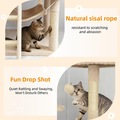 Cat Tree 60.63 inches Cat Tower for Indoor Cats, Multi-Level Cat Condo Furniture with Scratching Posts, Plush Perches, Activity Center with Cozy Basket & Hammock for Cats(Beige) - color: Beige