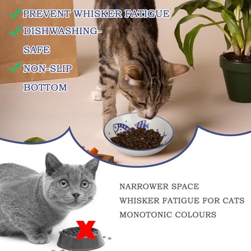 HAPPY KIT 2Pcs Wide Shallow Cat Bowls,8.5oz Colorful Plate Set with Non-Slip Mat,5.7 inch Indoor Ceramic Cats Dish/Dishes Relief of Whisker Fatigue - Microwave and Dishwasher Safe - color: fish