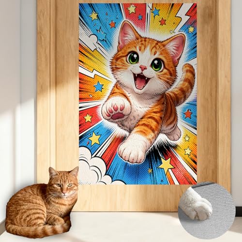 Cat Wall Scratcher 15.3x23.6 Inches Polyester Synthetic Fiber, Comic Style Kitten Print, wall scratchers for Indoor Cats, cat Scratch pad, Home Decor, Kids Room, Den (2pcs) - color: LU15984-2pcs
