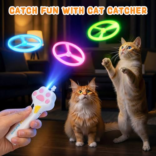 Cat Chase Fetch Toy - Rechargeable Disc Launcher with 6 Flying Spinners - Best Interactive Pet Hunting Toys for Indoor Outdoor Yard Cats Dog (White) - color: White