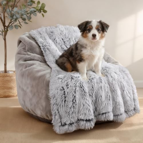 Luciphia Large Waterproof Dog Blanket Pet Washable Liquid Proof Furniture Protector Medium Shaggy Plush Calming Long Faux Fur Bed Cover for Couch Cat Blankets Kitten Doggy, Mist Grey, 40" x 50" - color: Mist Grey, size: 40"x50"