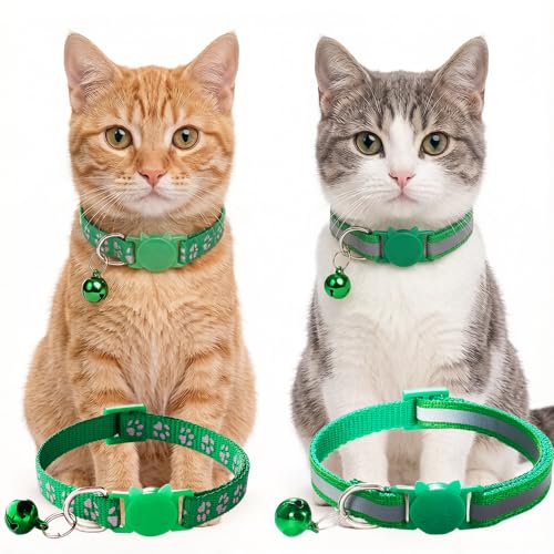 Green Breakaway Kitten Collar with Bells, [2 Pack] Break Away Cat Collar with Bells, Reflective Cat Collar for Girl Cats Boy Kitty - color: Light Green