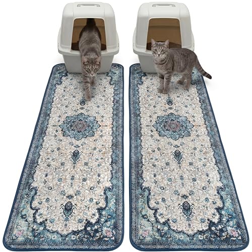 Hompet Cat Litter Mat 2 Pack,18x54 Large Machine Washable Trapping Mats for Cats, Super Absorbent & Urine-Proof Cat Litter Box Mat for Floor, Waterproof & Non Slip Kitty Litter Rug - color: Turquoise, size: 18x54 Inch (Pack of 2)