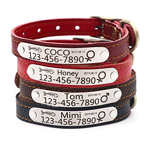 Personalized Cat Collar with Name Tag,Custom Leather Cat Collar Engraved with Name and Phone Number for Boy and Girl Cats or Small Puppy Dogs-XXS,Black - color: Black, size: XXS