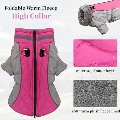 Dog Coat with Harness, Warm Dog Winter Coat Waterproof Dog Cold Weather Jacket Padded Dog Fleece Vest for Small Medium Large Dogs, Reflective High Collar Dog Winter Snowsuit Coat, Rose Red 2XL - size: XX-Large
