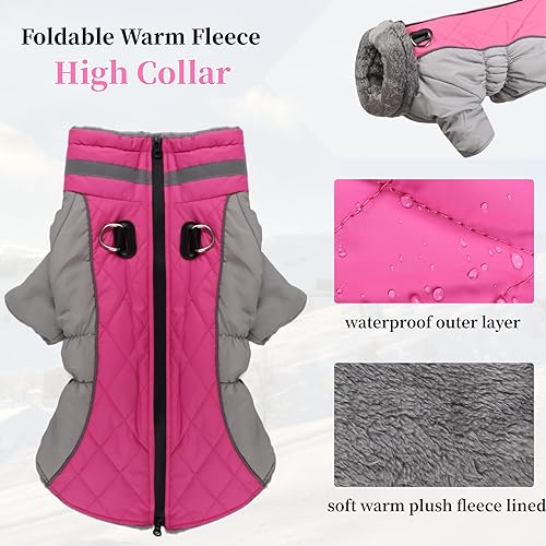 Dog Coat with Harness, Warm Dog Winter Coat Waterproof Dog Cold Weather Jacket Padded Dog Fleece Vest for Small Medium Large Dogs, Reflective High Collar Dog Winter Snowsuit Coat, Rose Red XL - size: X-Large