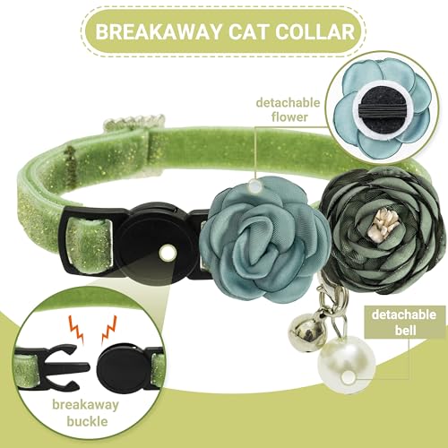 Cat Collars with Bell - 2 Pack Breakaway Floral Cute Cat Collars for Girl Boy Cats, Kitten, Puppy - Adjustable (7.5"-12.5") Soft Velvet Cat Collar Accessories - color: pink+green