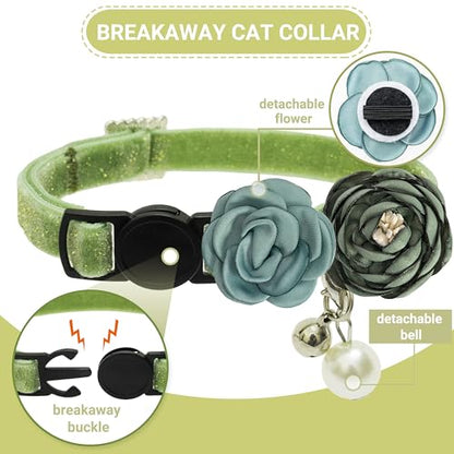 Cat Collars with Bell - 2 Pack Breakaway Floral Cute Cat Collars for Girl Boy Cats, Kitten, Puppy - Adjustable (7.5"-12.5") Soft Velvet Cat Collar Accessories - color: pink+green