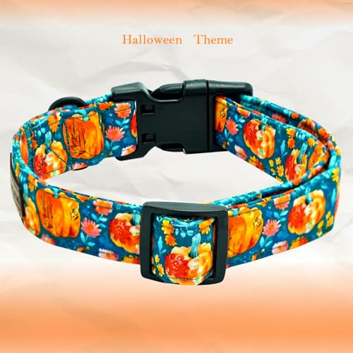 Elegant little tail Halloween Dog Collar, Pumpkin with Flower Print Blue Fall Pet Collars Cotton Soft Sturdy Puppy Collars Holiday Female Adjustable Collar for X-Small Puppy - color: Fall-Blue Pumpkin, size: X-Small (Pack of 1)